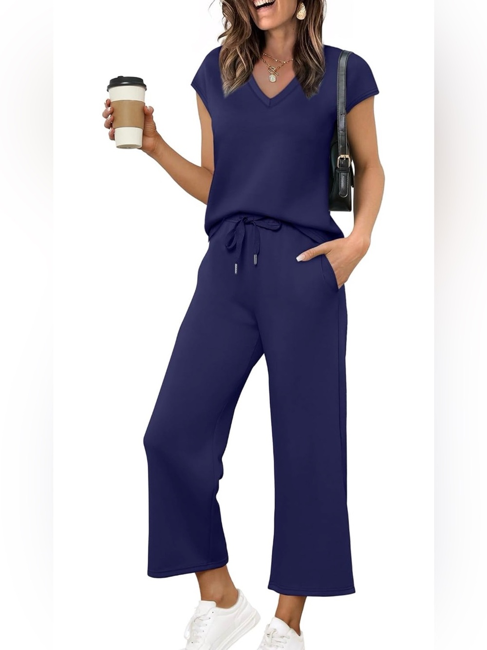 Saloogoe Two Piece Sets for Women Summer Outfits Lounge Sets V Neck Tops Wide Le
